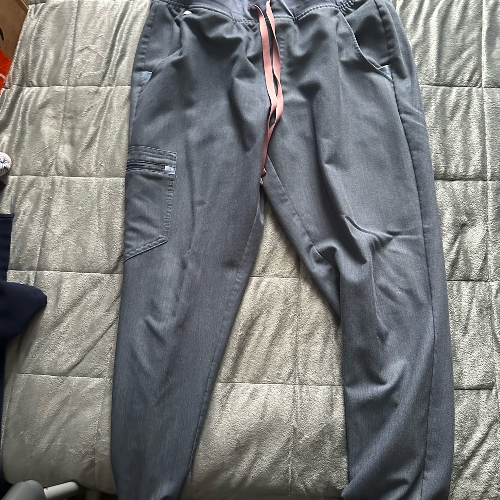 Figs Heather Denim Zamora Pants with Pink Drawstring